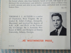 Altizer in coat and tie next to his bio on the back of his book